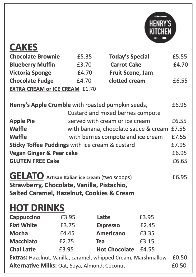 Henrys Kitchen Deserts Menu